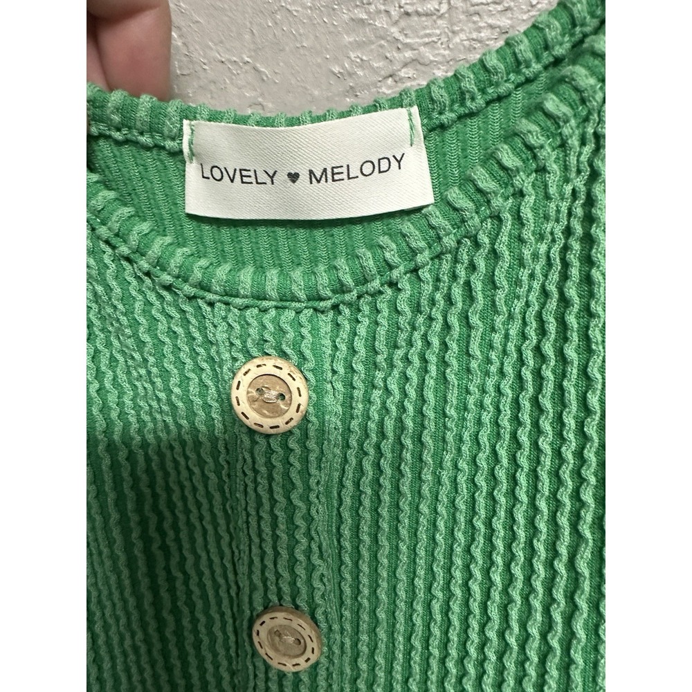 Lovely Melody Solid Green Ribbed Knit Button Front Wide Leg Romper - Picture 3 of 6